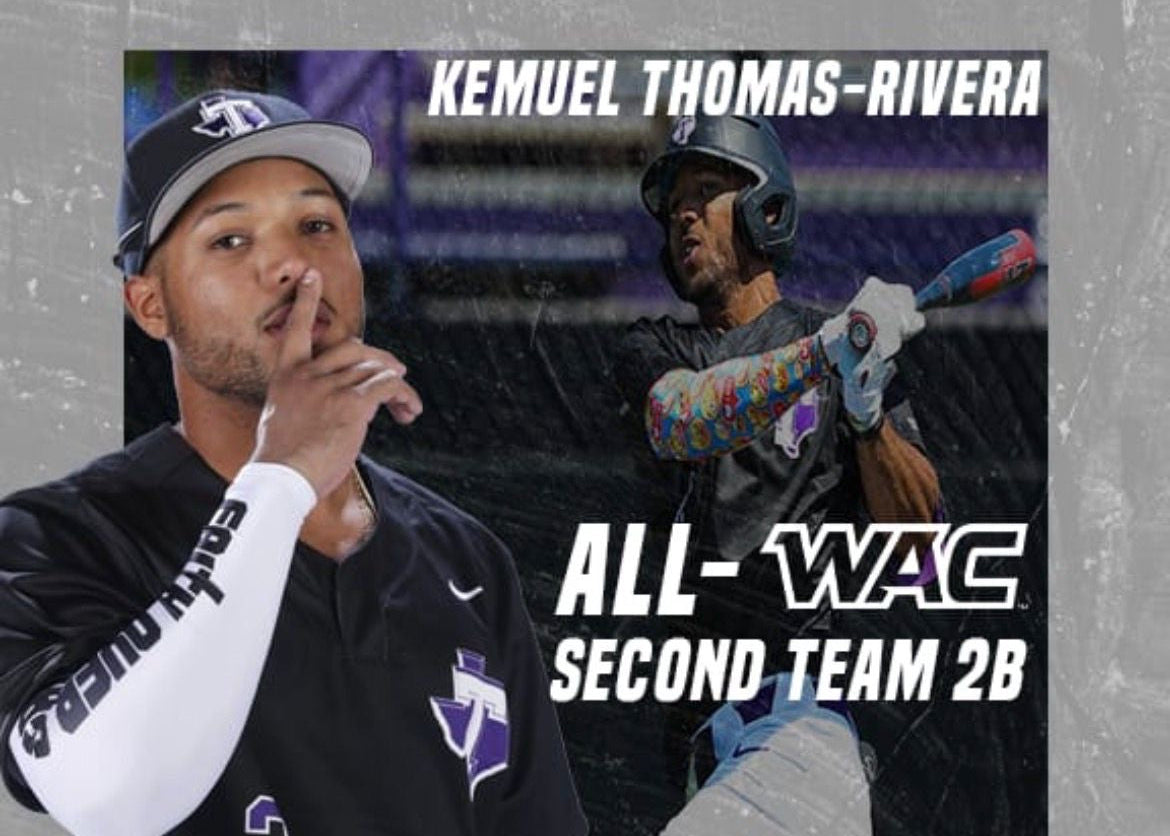 Baseball player in black uniform with 'All-WAC Second Team 2B' text and WAC logo.